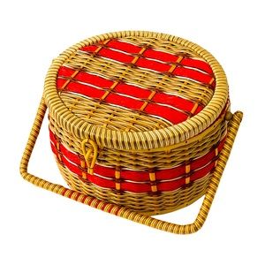 Vintage Round Sewing Basket, Wicker & Fabric, Red & Natural Color, Organizer